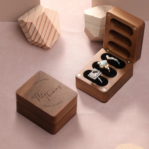 Vintage houten 3-ringdoos, gepersonaliseerde trouwringdoos, 3 slots, trouwringdisplay Walnootdoos, jubileumcadeau