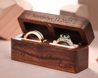 Boîte à bagues de mariage personnalisée, boîte à double bague en bois large, boîte à bagues en bois vintage pour anniversaire, proposition de boîte à bagues, cadeaux d’anniversaire