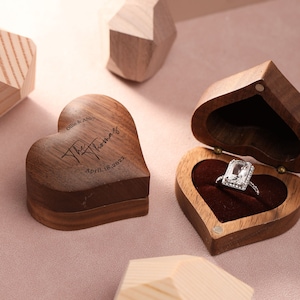 Engrave Heart Shape Wooden Ring Box, Custom Wedding Ring Box, Ring Box Proposal, Modern Rustic Wedding, Gift for Her, Anniversary Gift