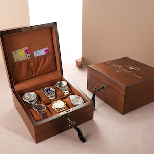 Engraved Wooden Watch Case, Personalized Watch Box, 6 Slots Watch Box, Custom Watch Box with Lock & Key, Watch Box for Men,Father&#39;s Day Gift