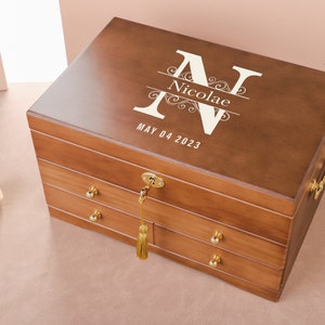 Wooden Jewelry Box, Large Jewelry Organizer Storage with Lock, Jewelry Box for Women Girls Custom Jewelry Box, Wedding Gift, Gift for mom