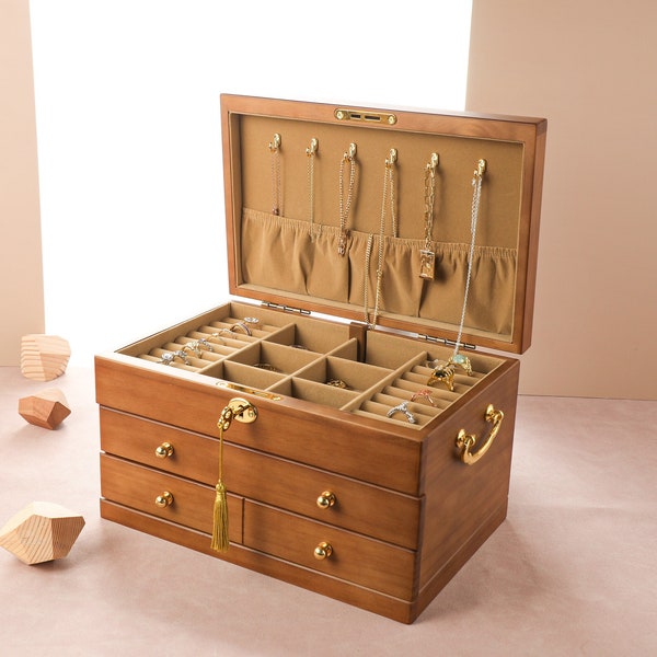 Boîte à bijoux en bois, grand rangement organisateur de bijoux avec serrure, boîte à bijoux pour femmes filles boîte à bijoux personnalisée, cadeau de mariage, cadeau pour maman