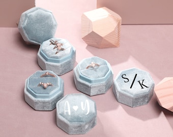 Personalized Velvet Ring Box, Wedding Set & Engagement Ring, Double Slot Jewelry Box, with Custom Monogram for Wedding Gift, Gift for Her
