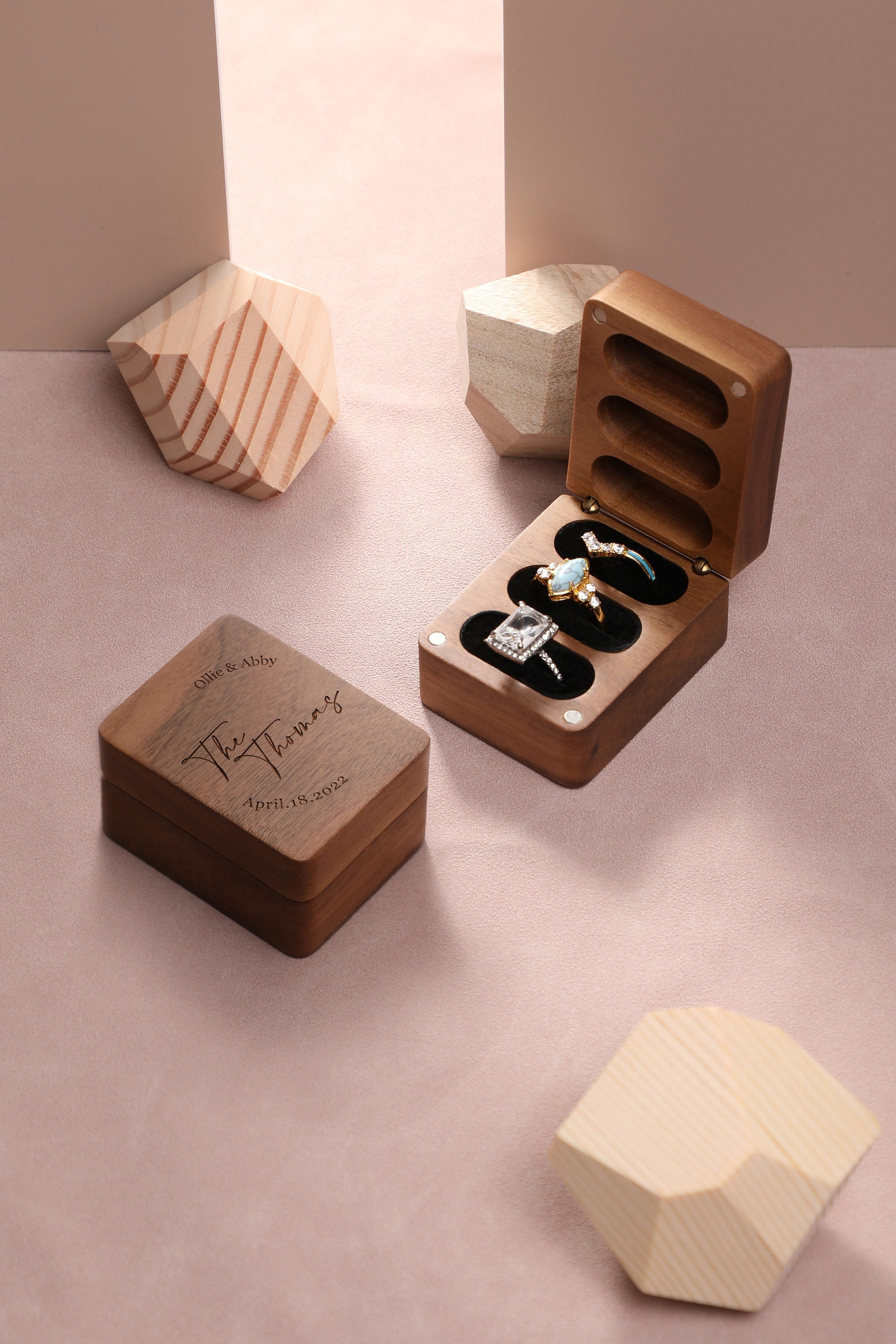 Vintage Wooden 3 Ring Box, Personalized Wedding Ring Box, 3