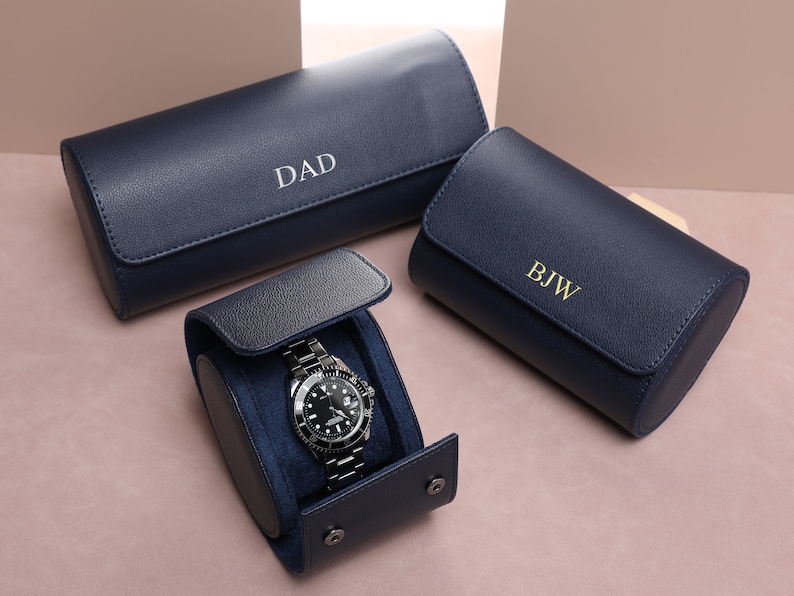 Navy Blue Vintage Watch Storage Box Personalized Watch Storage Box Engraved Watch Storage Box Custom Gift Watch Storage Box, Best Man Gift image 2