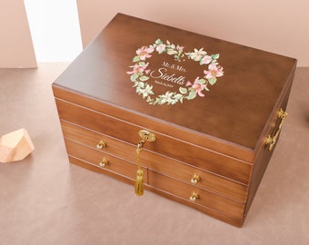 Sieradendoos voor dames meisjes Aangepaste sieradendoos, houten sieradendoos, grote sieradenorganisatoropslag met slot, huwelijkscadeau, cadeau voor moeder