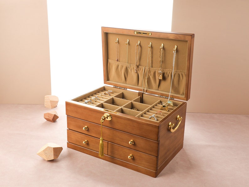 Wooden Jewelry Box, Large Jewelry Organizer Storage with Lock, Jewelry Box for Women Girls Custom Jewelry Box, Wedding Gift, Gift for mom image 1