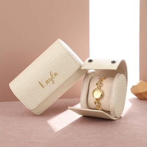 Engraved Beige Watch Case, Personalized Watch Case, Custom Travel Watch Box, Anniversary Gift, Mother's Day Gift, Valentines Gifts for Women