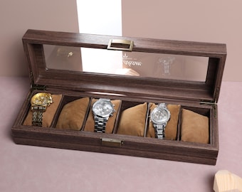 Boîte de montre personnalisée en cuir PU brun avec nom, grande boîte de rangement, cadeau du mari, cadeau du père, cadeau du meilleur homme, nom personnalisé