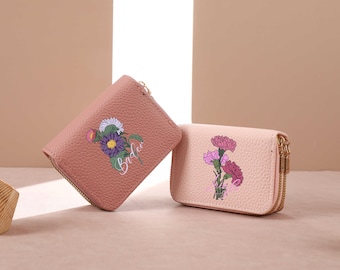 Personalized Leather Wallet with Flower, Custom Card Wallet, Card Storage, Leather Zip Around Prse for Women, Gift for Mom