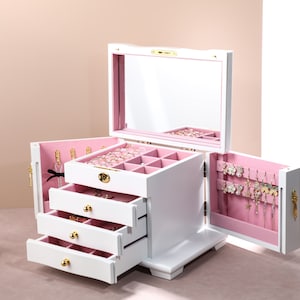 Birthday Flower Large Jewelry Organizer Storage with Mirror, Wooden Jewelry Box,  Jewelry Box for Women Girls Custom Jewelry Box
