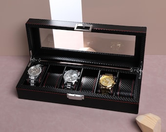 Boîte de montre personnalisée en cuir PU noir avec nom, grande boîte de rangement, cadeau du mari, cadeau du père, cadeau du meilleur homme, nom personnalisé