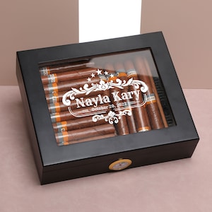 Personalized Cigar Set Black Glass Top Vintage Humidor Engraving Humidor Custom Gift Engraving Custom Humidor Father&#39;s Day Gift Christmas