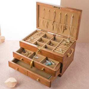 Boîte à bijoux en bois, grand rangement organisateur de bijoux avec serrure, boîte à bijoux pour femmes filles boîte à bijoux personnalisée, cadeau de mariage, cadeau pour maman