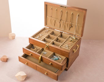 Wooden Jewelry Box, Large Jewelry Organizer Storage with Lock, Jewelry Box for Women Girls Custom Jewelry Box, Wedding Gift, Gift for mom