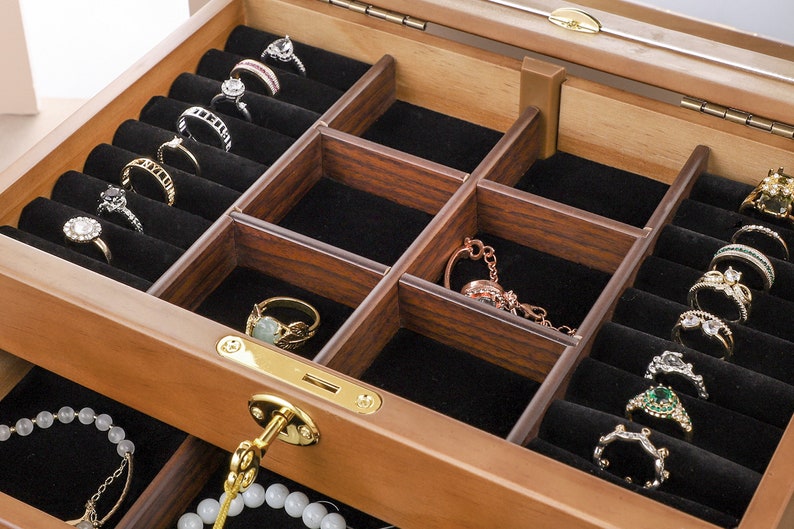 Wooden Jewelry Box, Large Jewelry Organizer Storage with Lock and Mirror, Jewelry Box for Women Girls Custom Jewelry Box, Gift for mom image 4