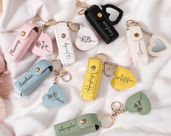 Personalized Lipstick Bag Keychain,Bridesmaid Gift,Custom Name Anti lost Lipstick Storage Bag,Lipstick Case with Mirror,Valentine's Day Gift