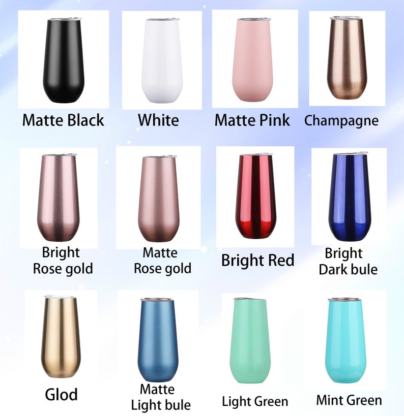 May include: A set of 12 stainless steel wine tumblers in various colors, including black, white, pink, champagne, rose gold, red, blue, gold, light blue, light green, and mint green.