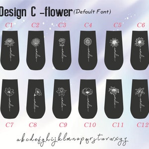 May include: Twelve black and white tumbler designs with different flower illustrations and the word "amelie" written vertically below each flower. The tumblers are labeled C1 through C12.