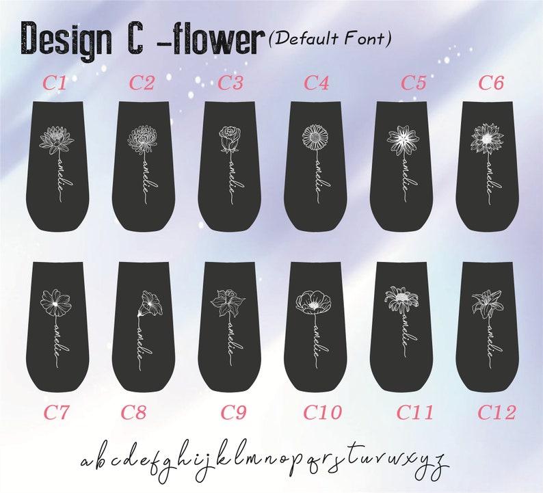 May include: Twelve black and white tumbler designs with different flower illustrations and the word "amelie" written vertically below each flower. The tumblers are labeled C1 through C12.
