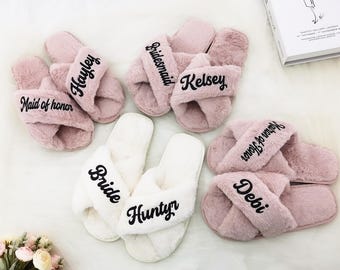 Custom Fluffy Slippers,Bride Slipper Personalized,Custom Bride Slippers,Fluffy Bridesmaid Slippers,Fluffy Slippers,Christmas party slippers