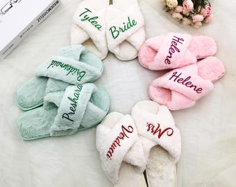 Custom Fluffy Slippers,Bride Slipper Personalized,Custom Bride Slippers,Fluffy Bridesmaid Slippers,Fluffy Slippers,Christmas party slippers