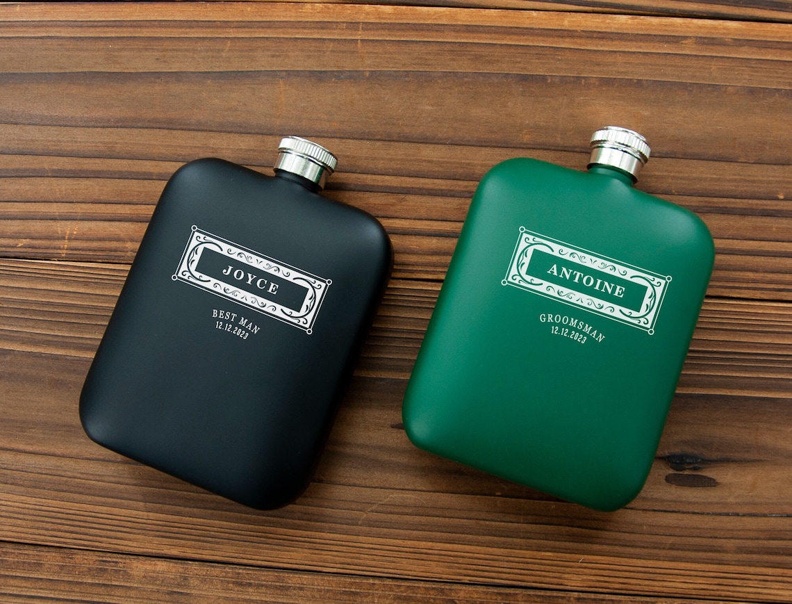 Personalized Black/Green Matt Flask Personalized Flask Set image 1