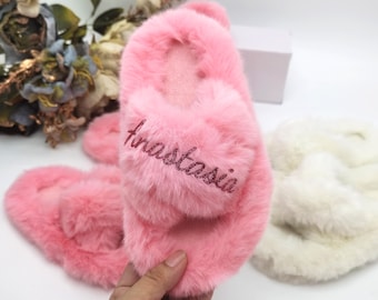 Custom Fluffy Slippers,Children&#39;s slippers Personalized,Flower girl slippers,Fluffy Children&#39;s Slippers,Christmas/Birthday party slippers