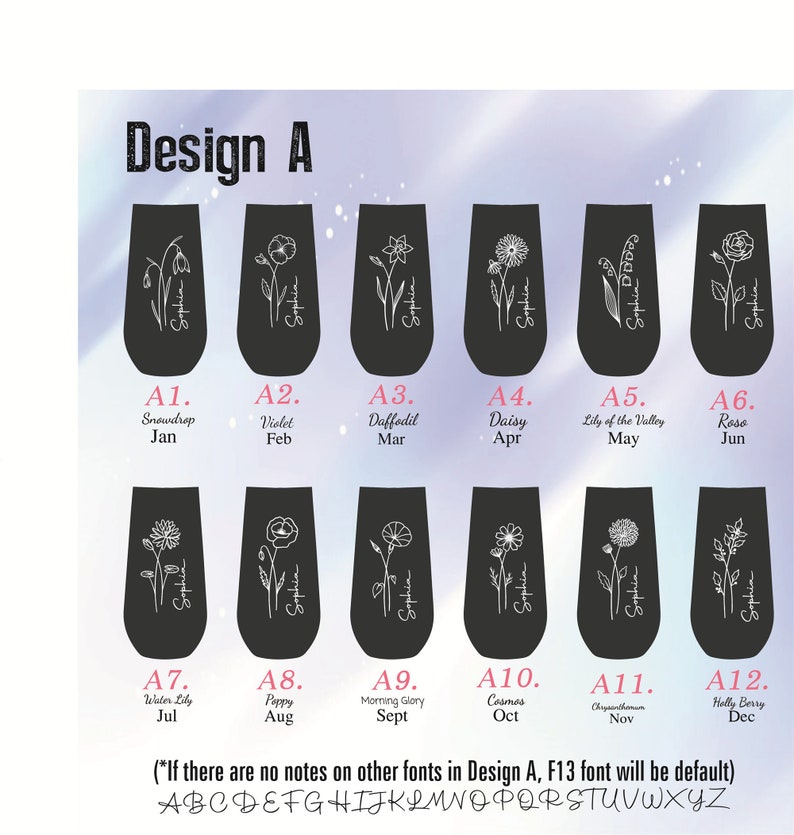 May include: Twelve black tumblers with white floral designs and month names. The tumblers are arranged in two rows of six. The tumblers are labeled with the months of the year, starting with January and ending with December. The flowers on the tumblers are different for each month.