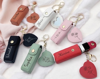 Personalized Lipstick Bag Keychain,Bridesmaid Gift,Custom Name Anti lost Lipstick Storage Bag,Lipstick Case with Mirror,Valentine's Day Gift
