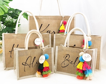 Personalized Bridesmaid Gift Bag with charm,Custom Burlap gift Bag,Beach tote bag,Bachelorette Party Bag, Bridesmaid Proposal Gift,Beach Bag