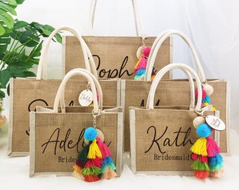 Personalized Bridesmaid Gift Bag with charm,Custom Burlap gift Bag,Beach tote bag,Bachelorette Party Bag, Bridesmaid Proposal Gift,Beach Bag
