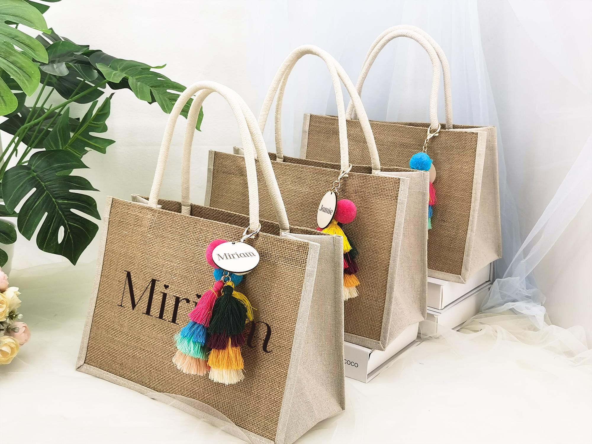 Personalized Bridesmaid Gift Bag With Charm,custom Burlap Gift Bag ...