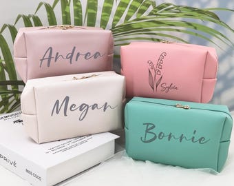 Bolsa de maquillaje para dama de honor/Bolsa de artículos de tocador de cuero personalizada/Bolsa de maquillaje/Regalo de despedida de soltera/Regalo de dama de honor/Bolsa de cosméticos con nombre personalizado