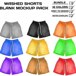 Washed Shorts Blank Mock-up Bundle, Shorts Mock Up 12 colors, Png Format