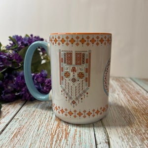 Palestinian Embroidery Print &quot;Tatreez&quot; Mug Blue and Melon 15 oz