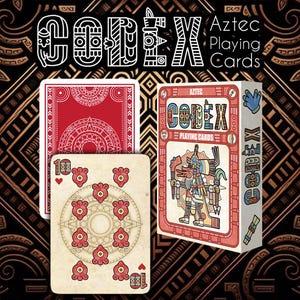 May include: A deck of Aztec-themed playing cards featuring a box with a colorful illustration of a deity, a card with a red patterned back, and a ten of hearts card with a cream background and red floral-like symbols arranged in a circular pattern.