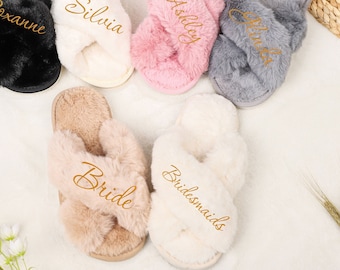 Custom Name Fluffy Slippers, Bride Bridesmaid Slippers, Bachelorette Party, Bridesmaid Gifts Proposal, Bridal Shower, Bridal Party Gift
