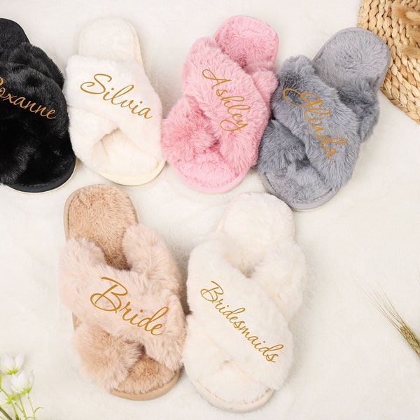 Custom Name Fluffy Slippers, Bride Bridesmaid Slippers, Bachelorette Party, Bridesmaid Gifts Proposal, Bridal Shower, Bridal Party Gift