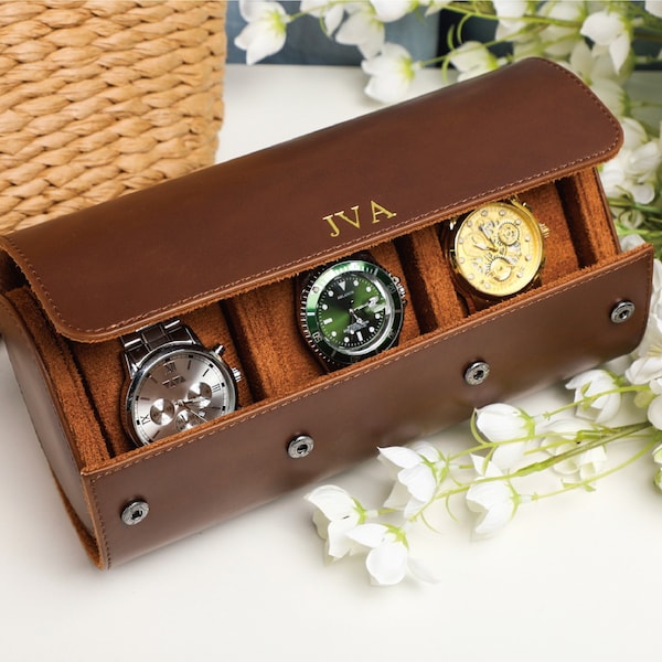 Personalized Travel Watch Box, Travel Accessories Watch Case, Brown Leather Watch Roll for 3 Watches Holder, Gifts for Dad, Gift for Him