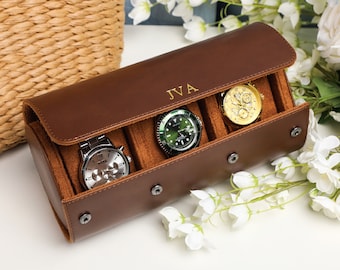 Boîte de montre de voyage personnalisée, étui de montre d’accessoires de voyage, rouleau de montre en cuir brun pour 3 porte-montres, cadeaux pour papa, cadeau pour lui