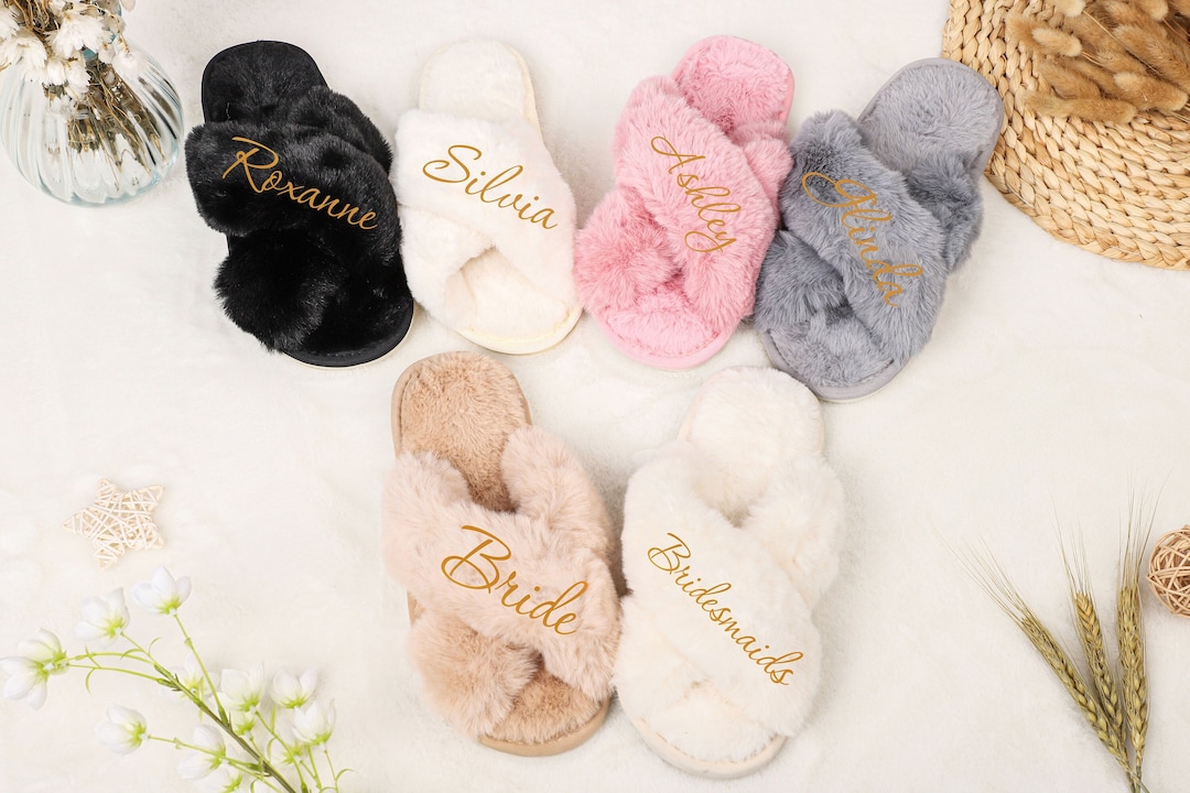 Custom Name Fluffy Slippers, Bride Bridesmaid Slippers, Bachelorette ...