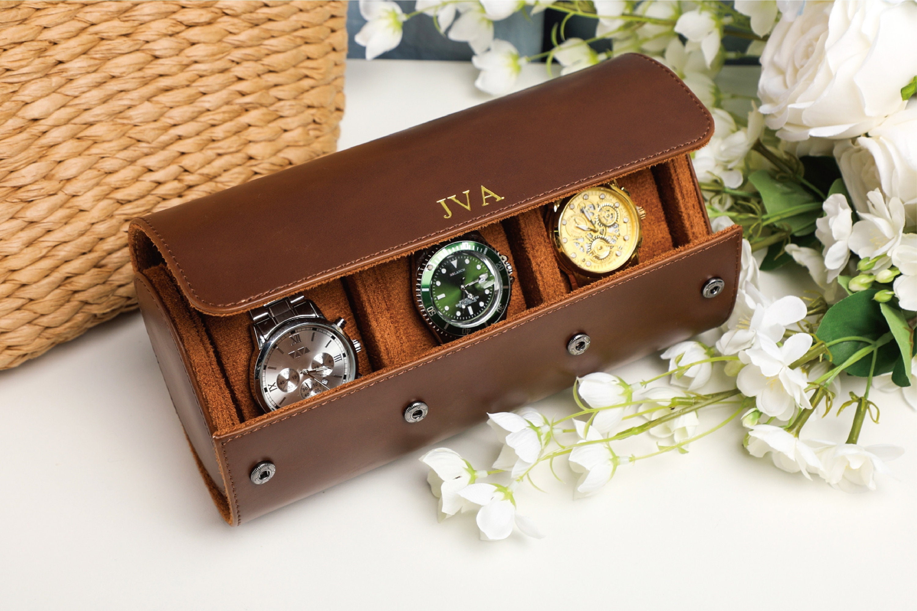 Personalized Travel Watch Box, Travel Accessories Watch Case, Brown