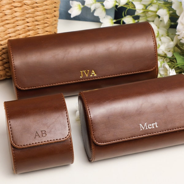 Brown Leather Watch Roll for 3 Watches Holder, Personalised Travel Watch Case, Watch Storage for Him, Watch Gifts for Dads, Groom Gift