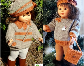 clothes for dolls 36 to 40 cm - Hand knitted set, sweater, beret, shoulder bag in warm autumn colors