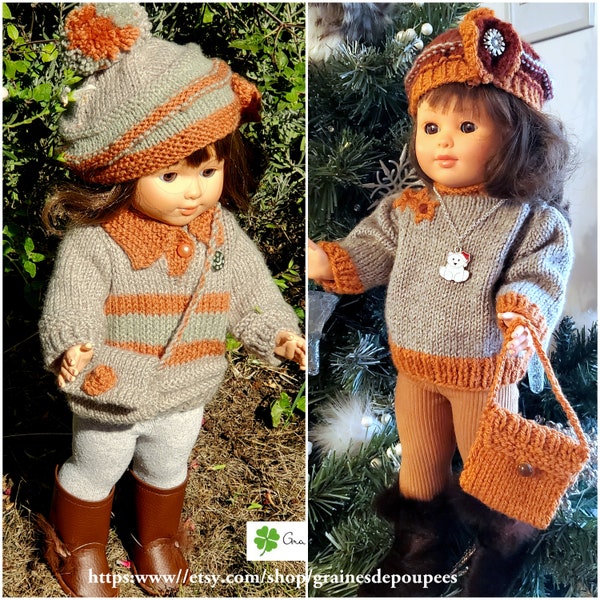 vêtements pour poupée 36 à  40 cm- Ensemble tricoté main, pull, beret, sac bandoulière aux couleurs chaudes  de l'automne