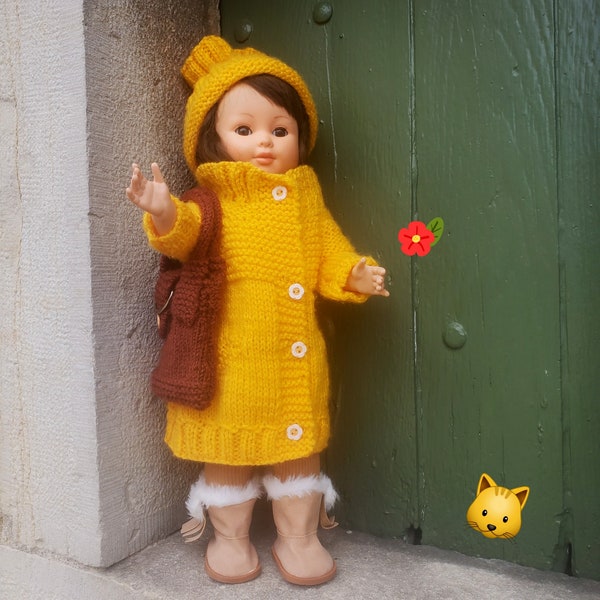 vêtements pour poupée 36 à  42 cm- Ensemble manteau jaune avec  bonnet, robe et sac coordonnés- Corolle-Marie-Françoise