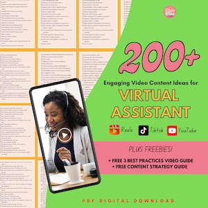 May include: A green and pink graphic with the text "200+ Engaging Video Content Ideas for VIRTUAL ASSISTANT" and icons for Reels, TikTok, and YouTube. The graphic also includes the text "PLUS FREEBIES! + FREE 3 BEST PRACTICES VIDEO GUIDE + FREE CONTENT STRATEGY GUIDE" and "PDF DIGITAL DOWNLOAD".
