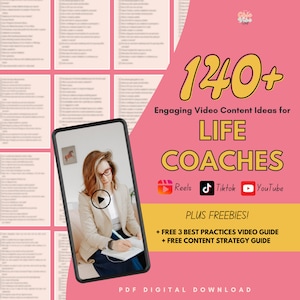 Könnte beinhalten: Eine rosa und weiße Grafik mit dem Text "140+ Engaging Video Content Ideas for LIFE COACHES" und Icons für Reels, TikTok und YouTube. Die Grafik enthält auch den Text "PLUS FREEBIES! + FREE 3 BEST PRACTICES VIDEO GUIDE + FREE CONTENT STRATEGY GUIDE" und "PDF DIGITAL DOWNLOAD".