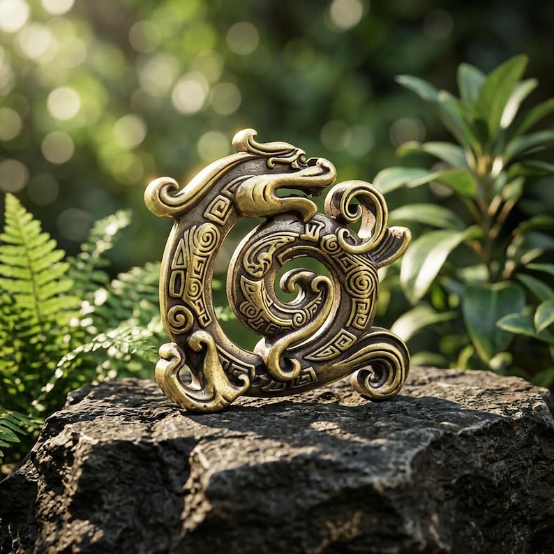 Puede incluir: Una escultura de metal en tono dorado con forma de drag&oacute;n enroscado con intrincados patrones geom&eacute;tricos en relieve y l&iacute;neas onduladas. El objeto presenta una cabeza estilizada en la parte superior y un cuerpo serpentino curvo y circular.